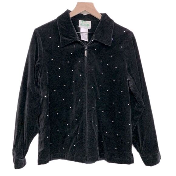 THE QUACKER FACTORY Jacket women’s medium black velvet full zip rhinestone front - Picture 1 of 11